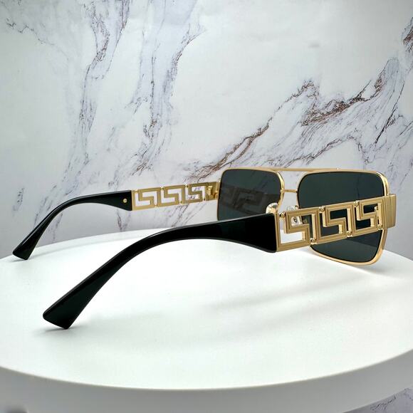 New VERSACE Sunglasses Gold Metal Greca Logo Rectangle Black Gray - Picture 16 of 16
